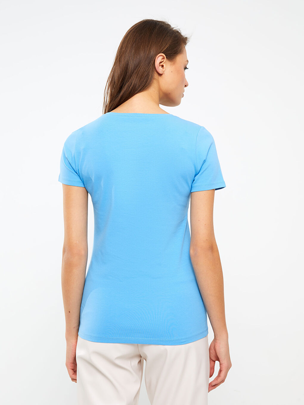 Прямая хлопковая женская футболка с v-образным вырезом и короткими рукавами-4