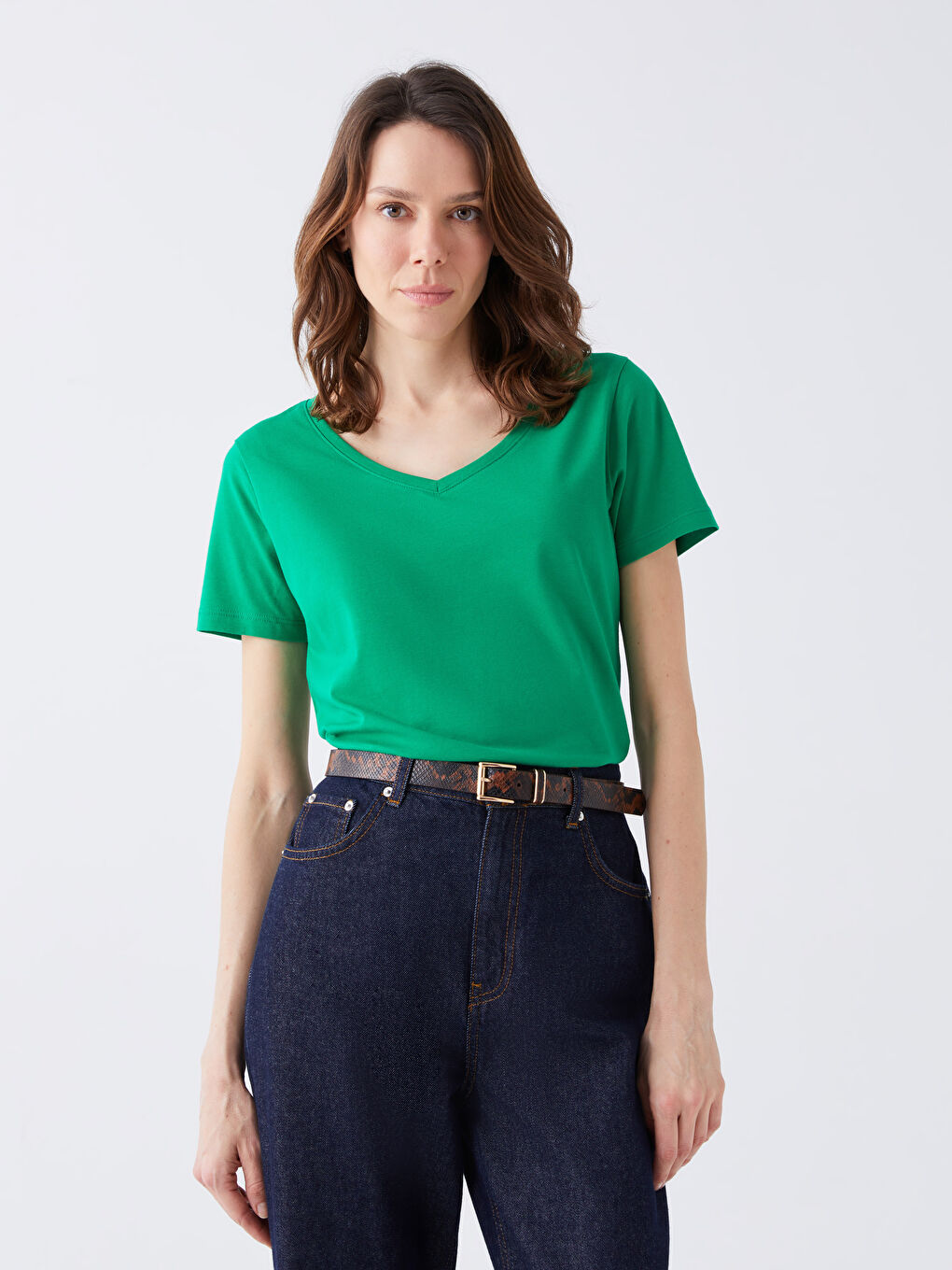 Yeşil V Yaka Düz Kısa Kollu Pamuklu Kadın Tişört