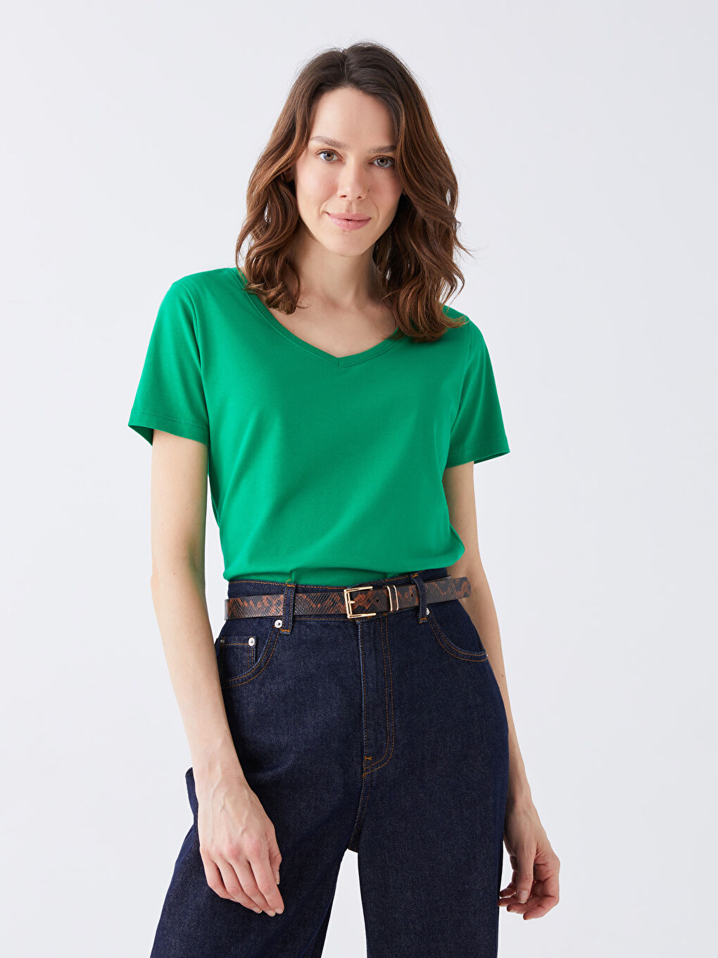 Yeşil V Yaka Düz Kısa Kollu Pamuklu Kadın Tişört-1