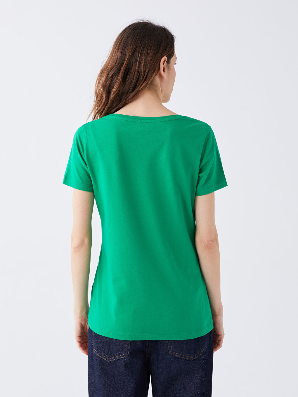 Yeşil V Yaka Düz Kısa Kollu Pamuklu Kadın Tişört-3