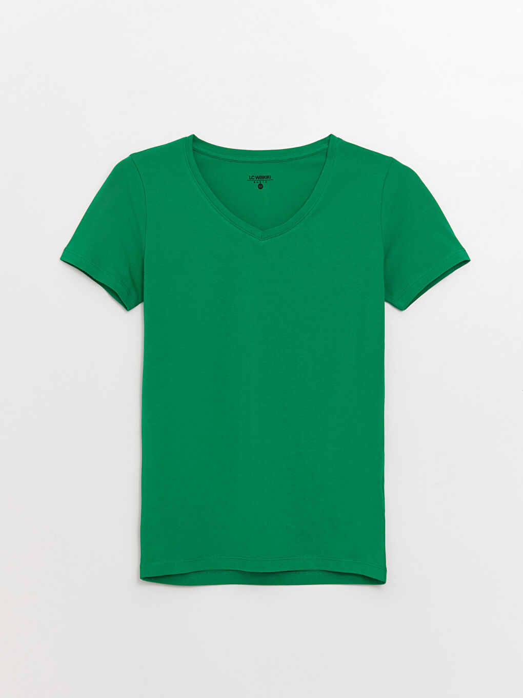 Yeşil V Yaka Düz Kısa Kollu Pamuklu Kadın Tişört-4