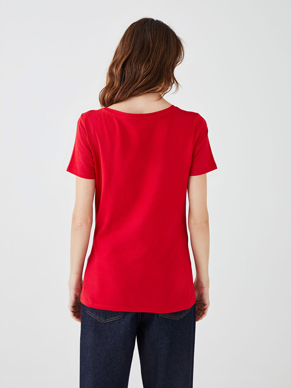 Әйелдерге арналған v жағалы қысқа жеңді мақта футболка-4