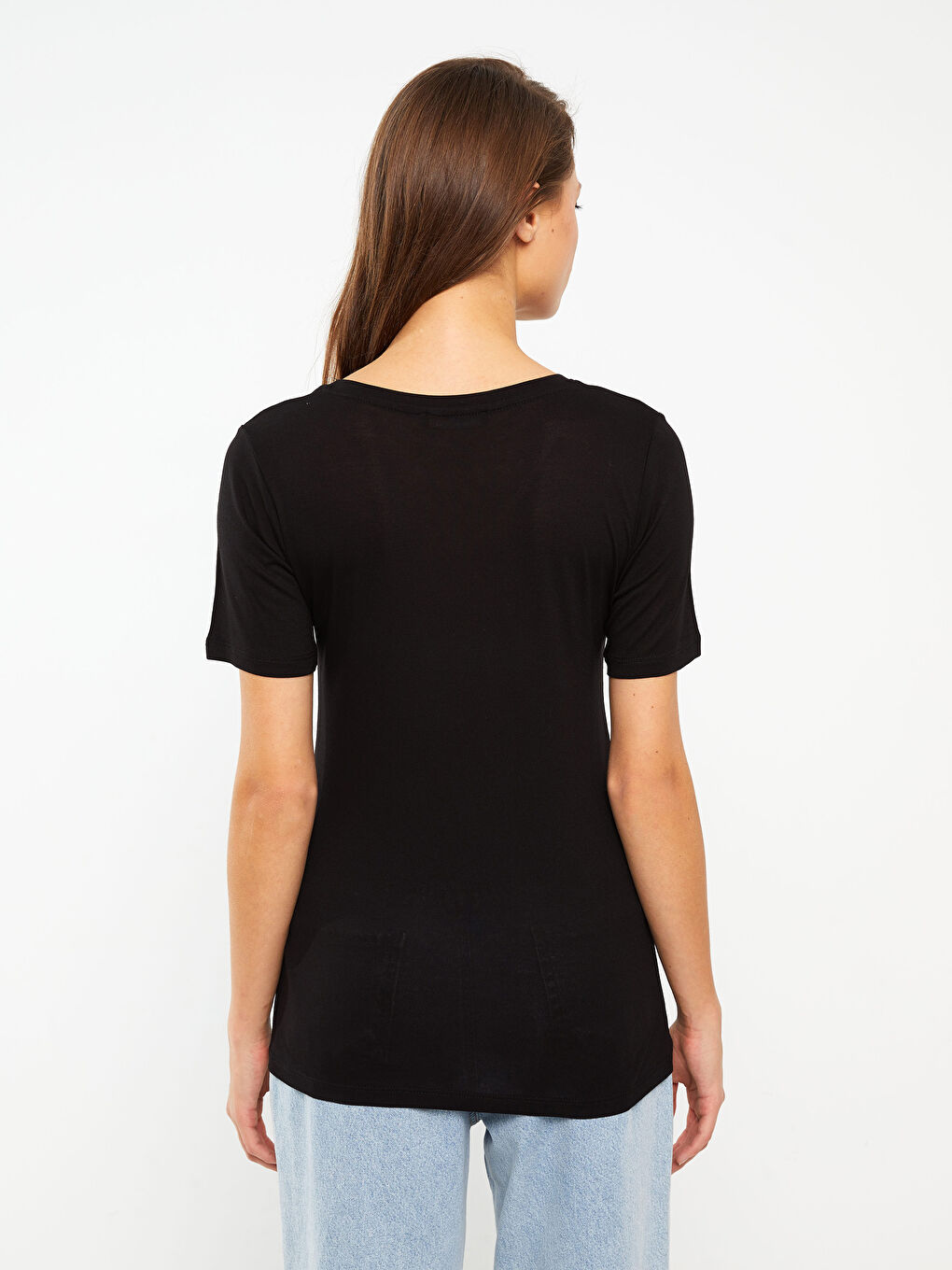 Siyah V Yaka Düz Kısa Kollu Kadın Tişört-4