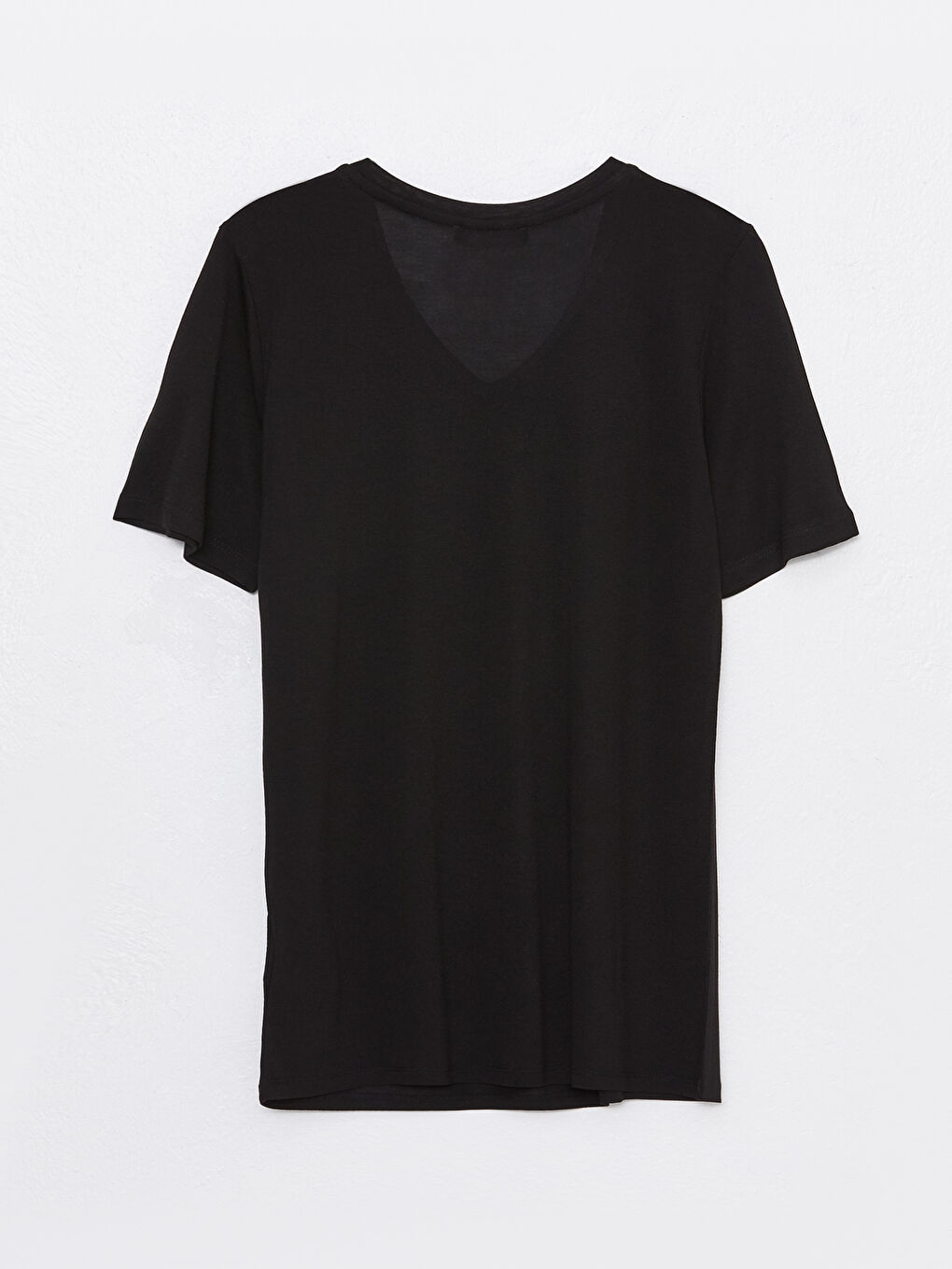 Siyah V Yaka Düz Kısa Kollu Kadın Tişört-6