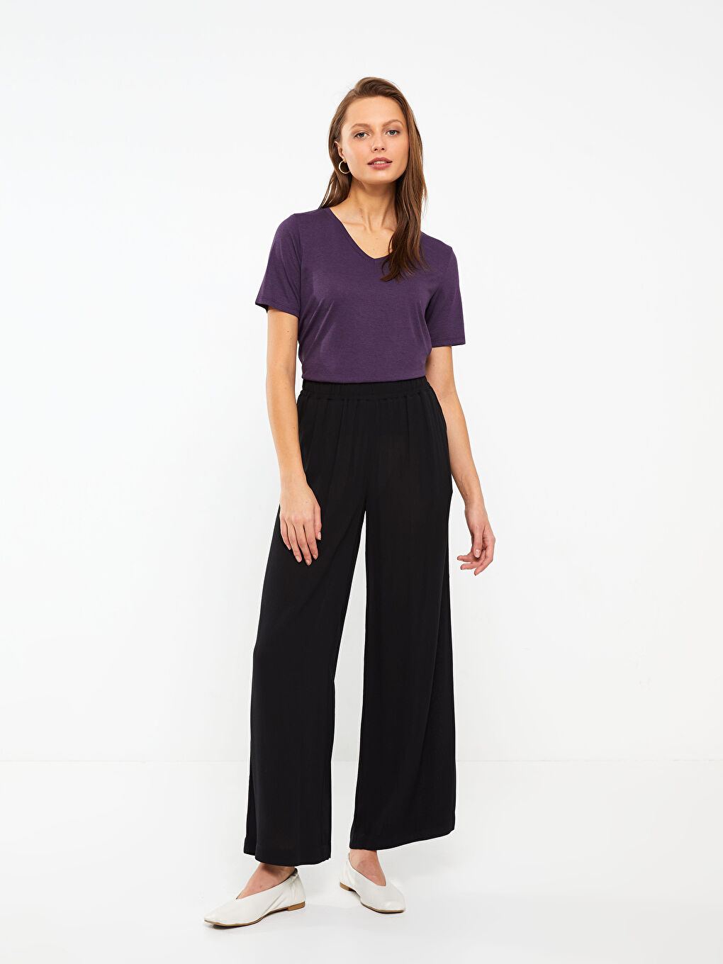 Mor V Yaka Düz Kısa Kollu Kadın Tişört-2