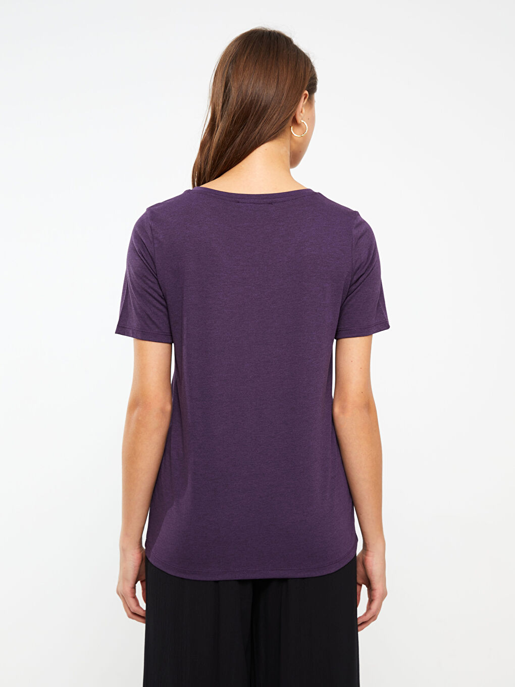 Mor V Yaka Düz Kısa Kollu Kadın Tişört-4