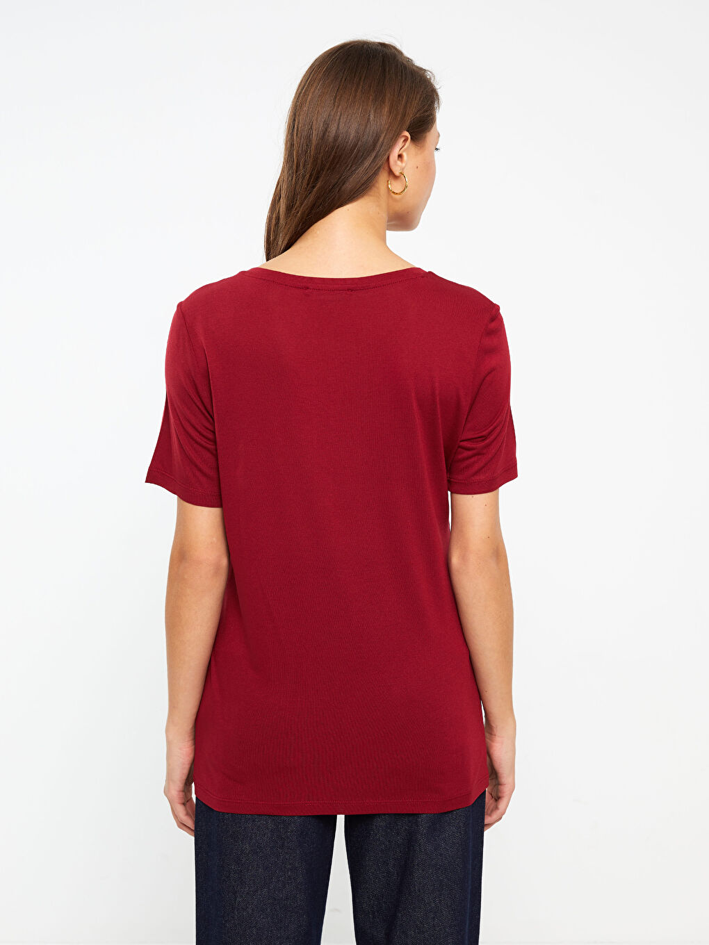 Bordo V Yaka Düz Kısa Kollu Kadın Tişört-4