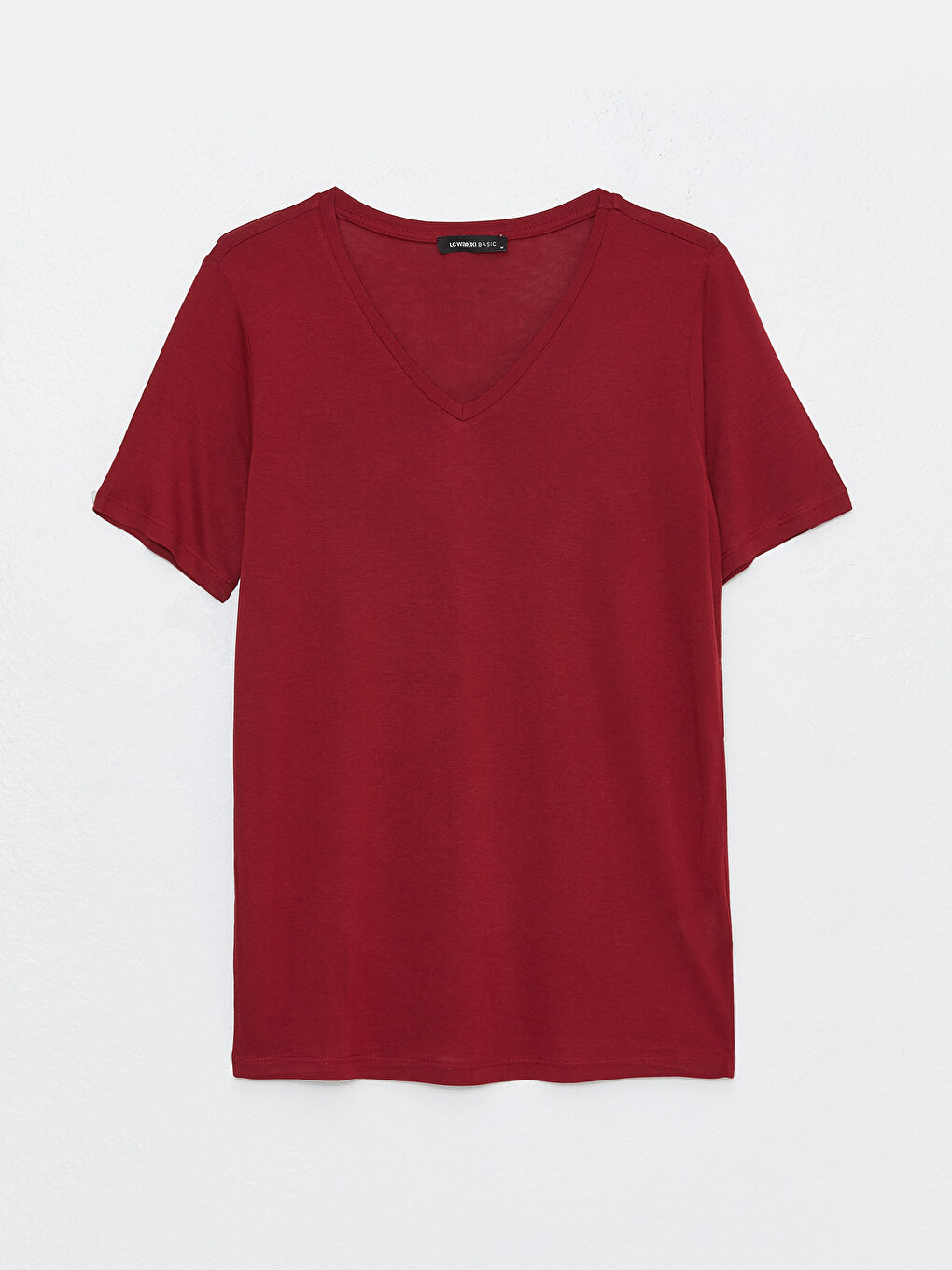 Bordo V Yaka Düz Kısa Kollu Kadın Tişört-5