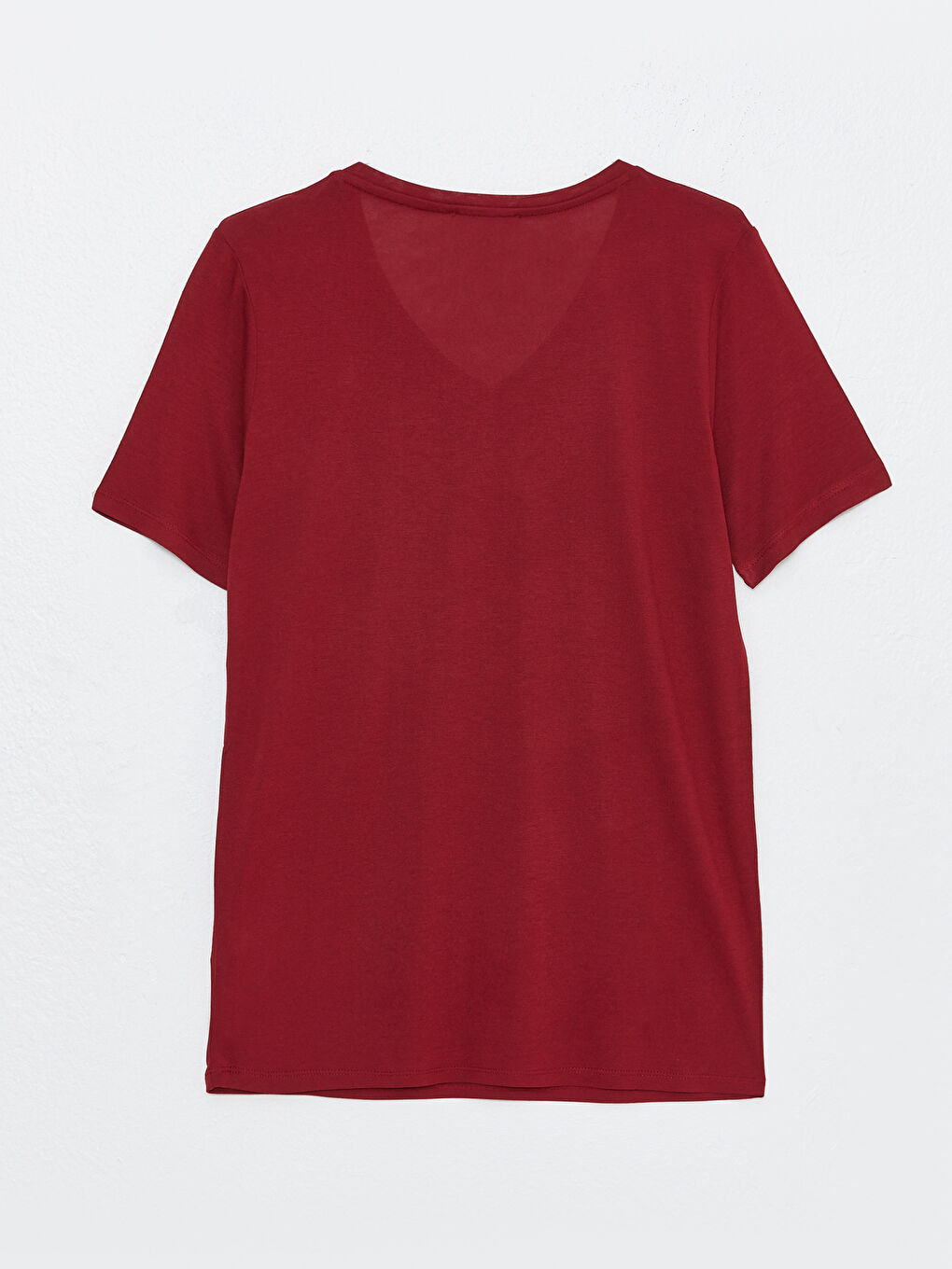 Bordo V Yaka Düz Kısa Kollu Kadın Tişört-6