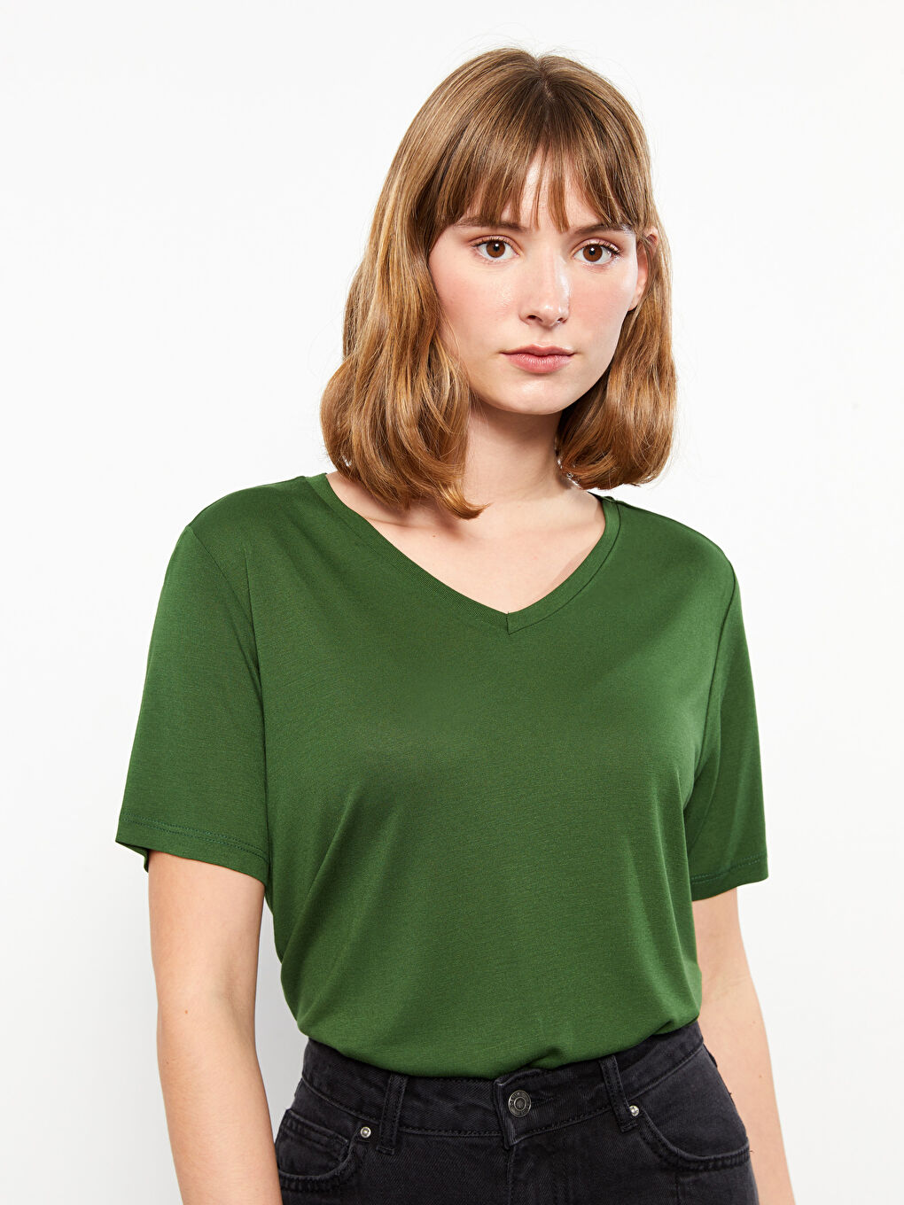 Yeşil V Yaka Düz Kısa Kollu Kadın Tişört-2
