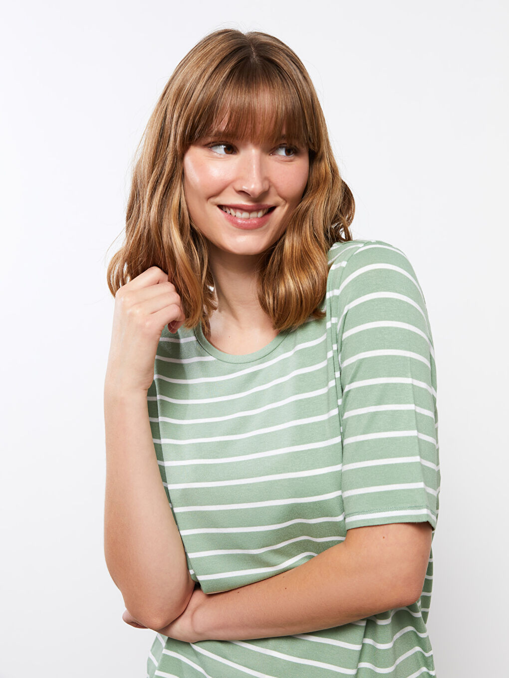 Crew Neck Striped Short Sleeve Women's T-Shirt-2