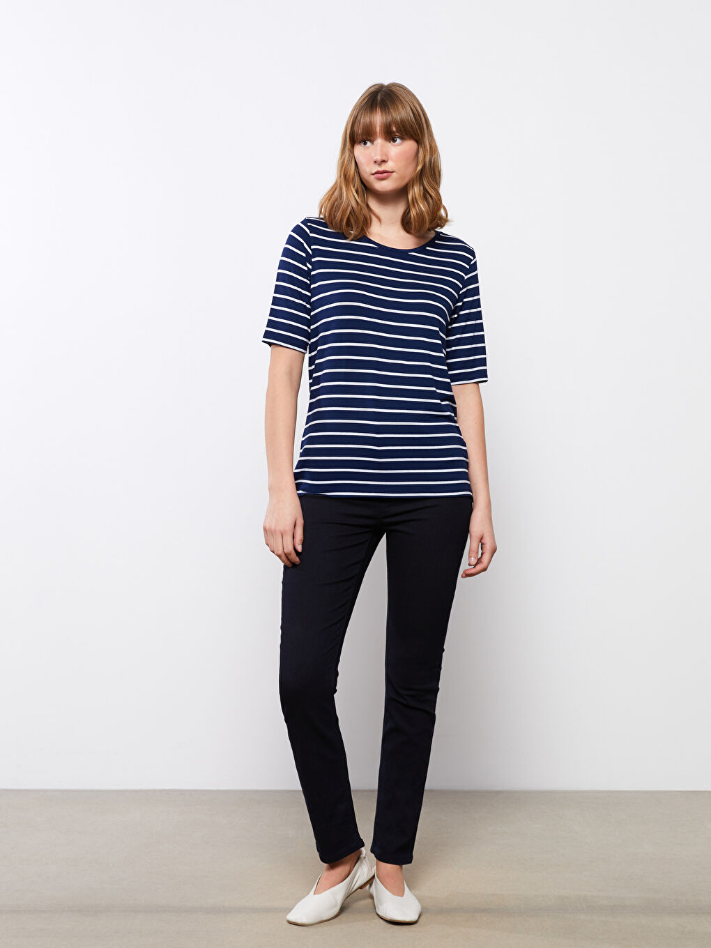 Lacivert Bisiklet Yaka Çizgili Kısa Kollu Kadın Tişört-1