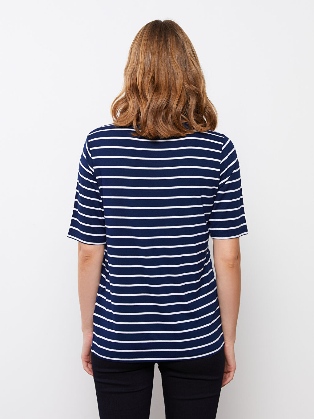 Lacivert Bisiklet Yaka Çizgili Kısa Kollu Kadın Tişört-3