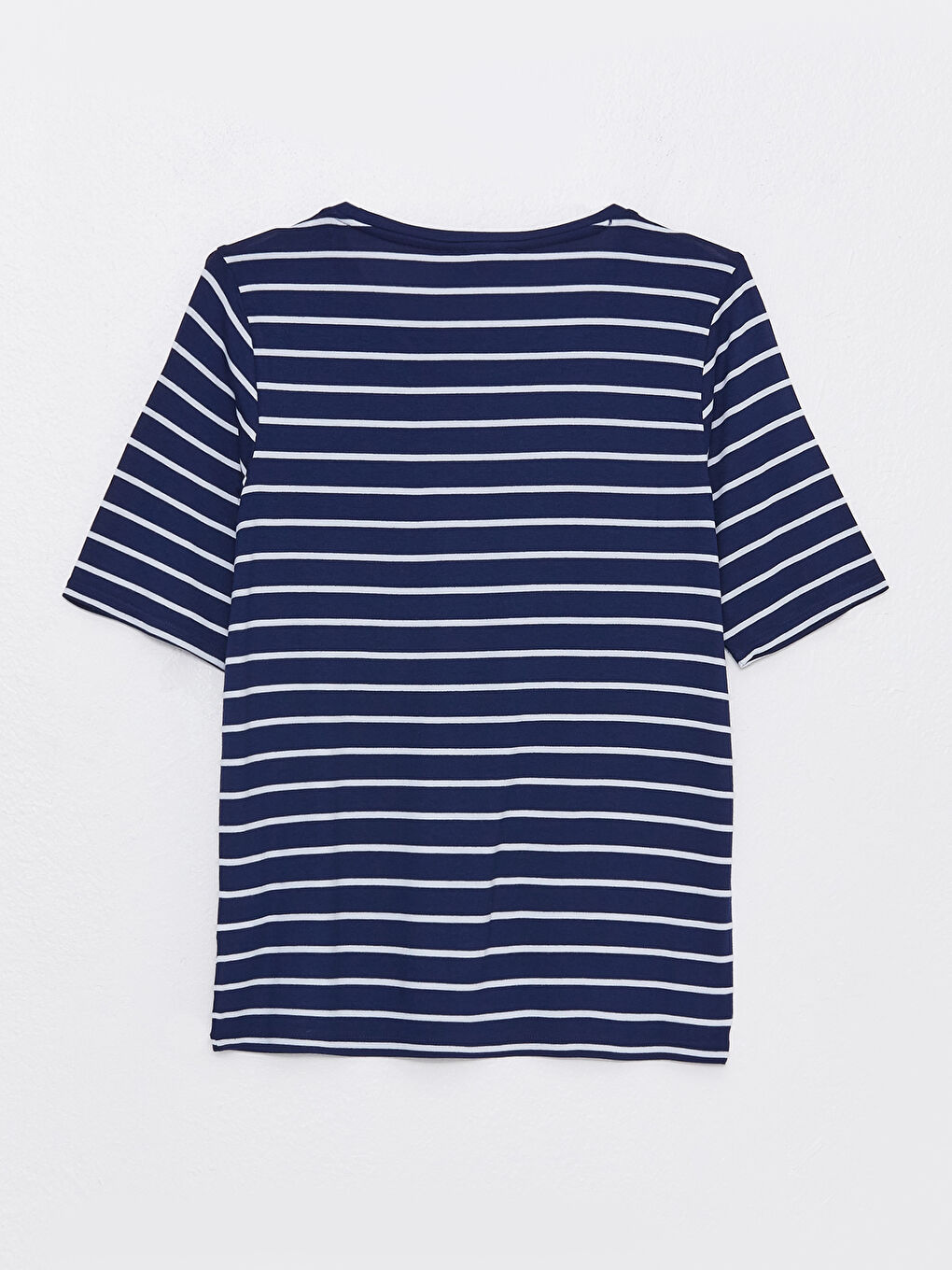 Lacivert Bisiklet Yaka Çizgili Kısa Kollu Kadın Tişört-5