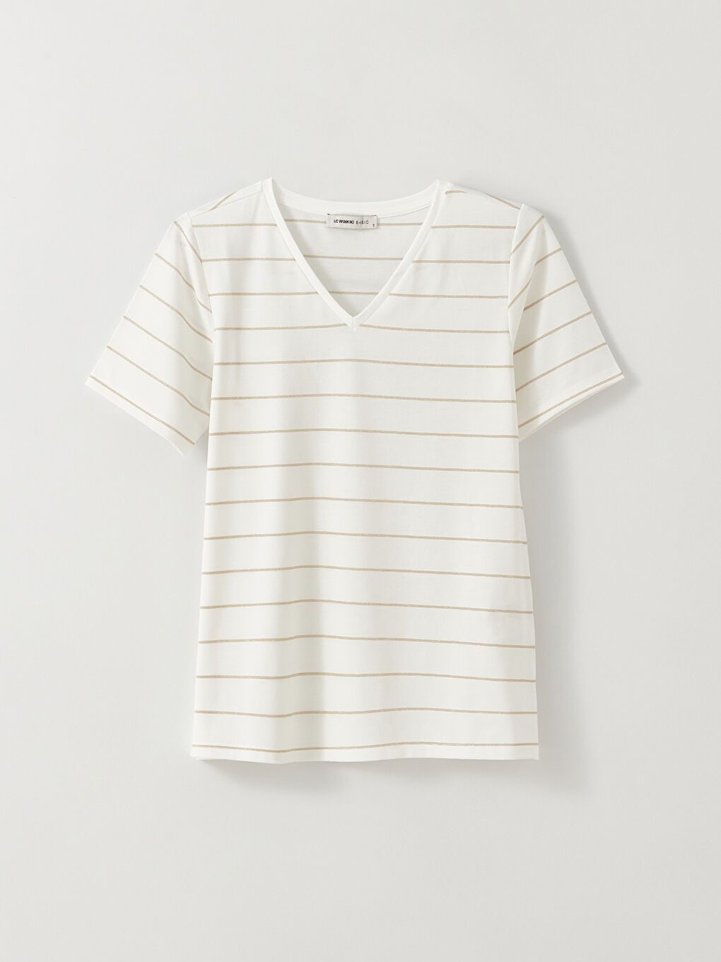 Sarı V Yaka Çizgili Kısa Kollu Kadın Tişört-5