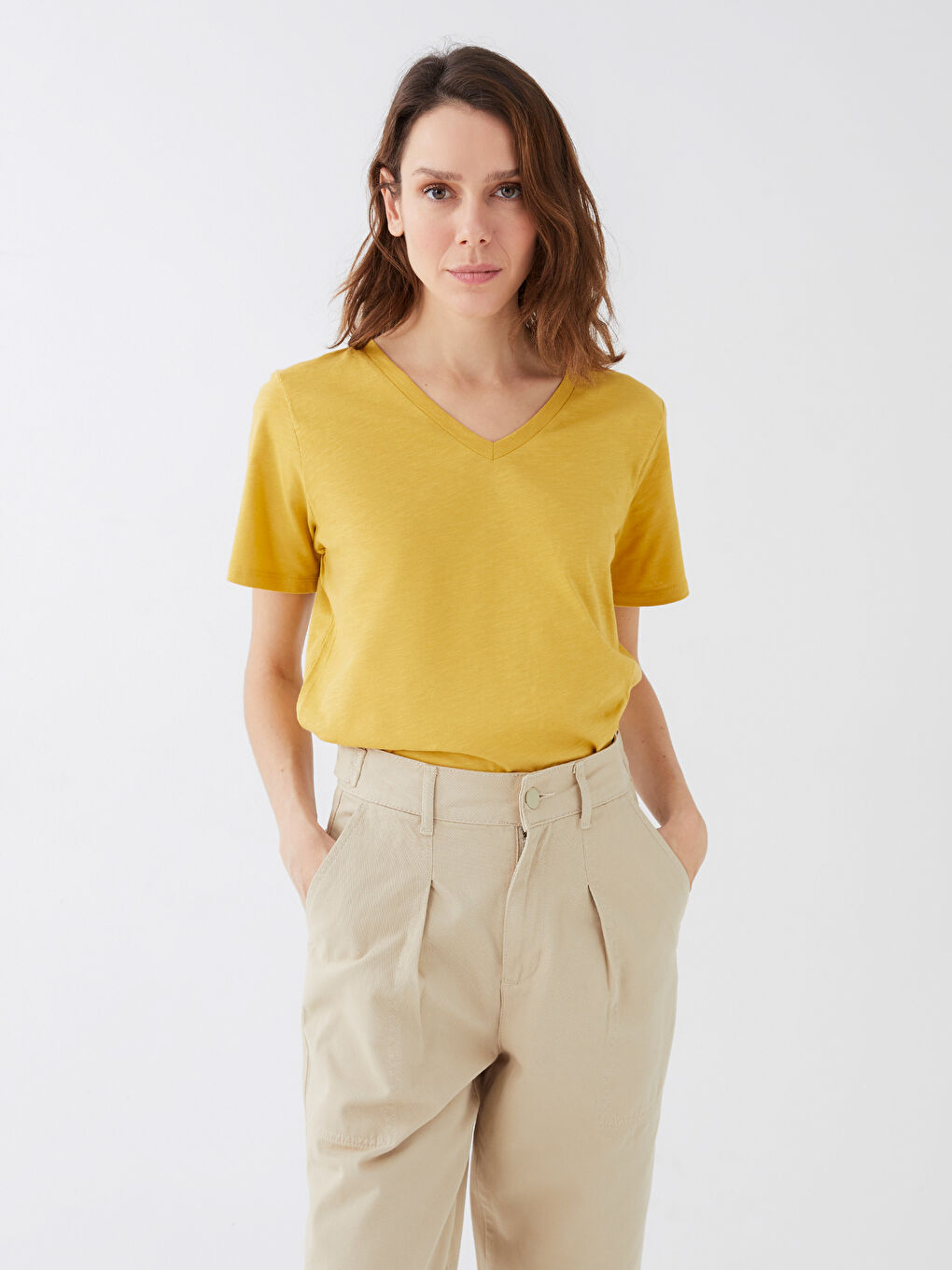 V-Neck Plain Short Sleeve Women's T-Shirt