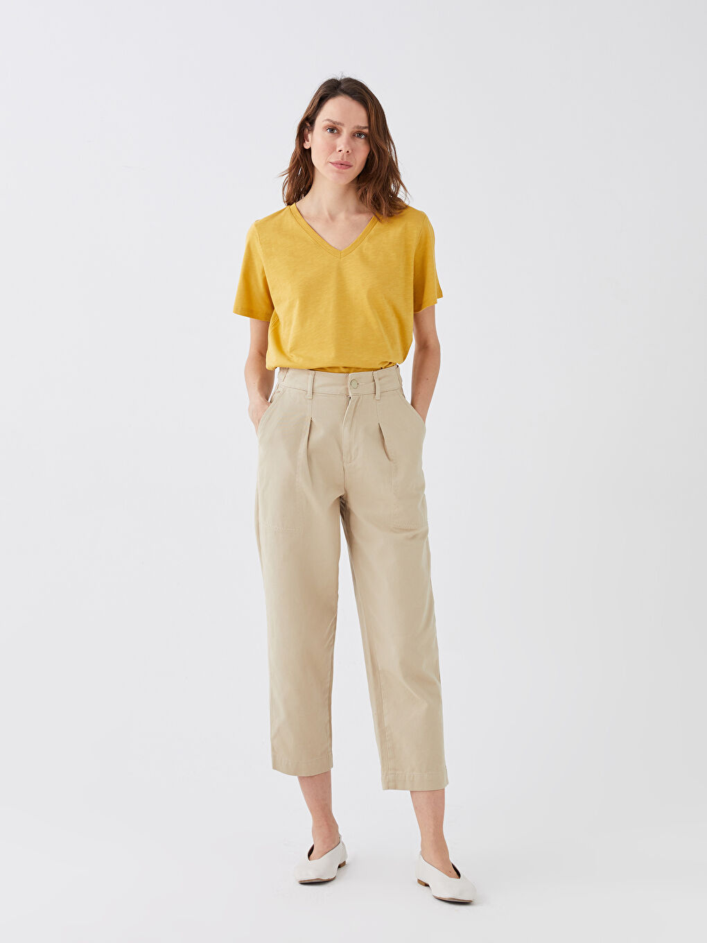 V-Neck Plain Short Sleeve Women's T-Shirt-1