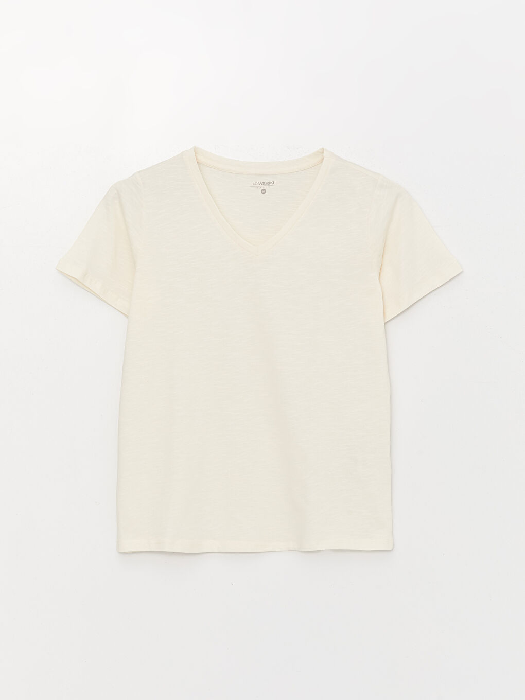 Ekru V Yaka Düz Kısa Kollu Kadın Tişört-5