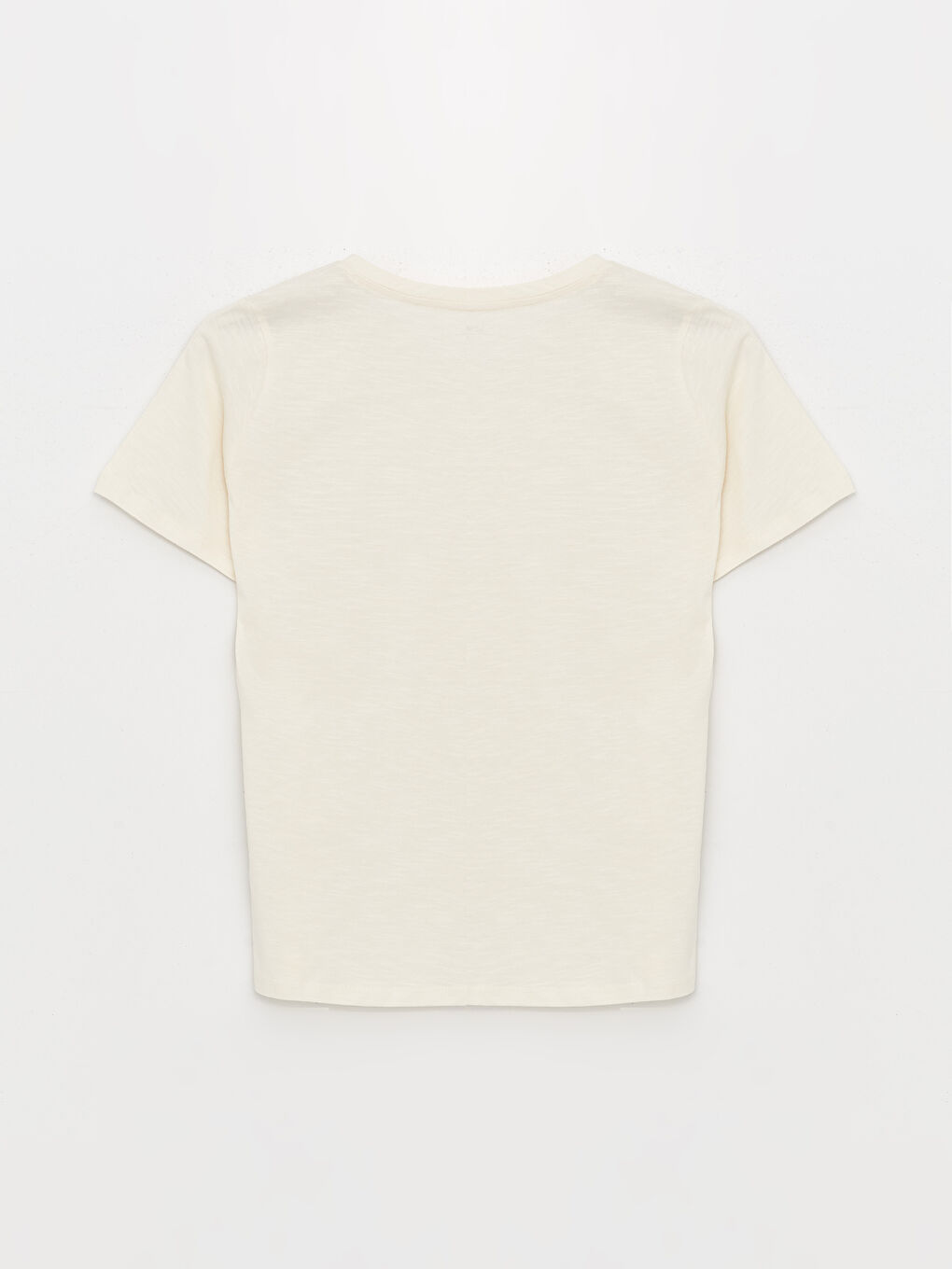 Ekru V Yaka Düz Kısa Kollu Kadın Tişört-6