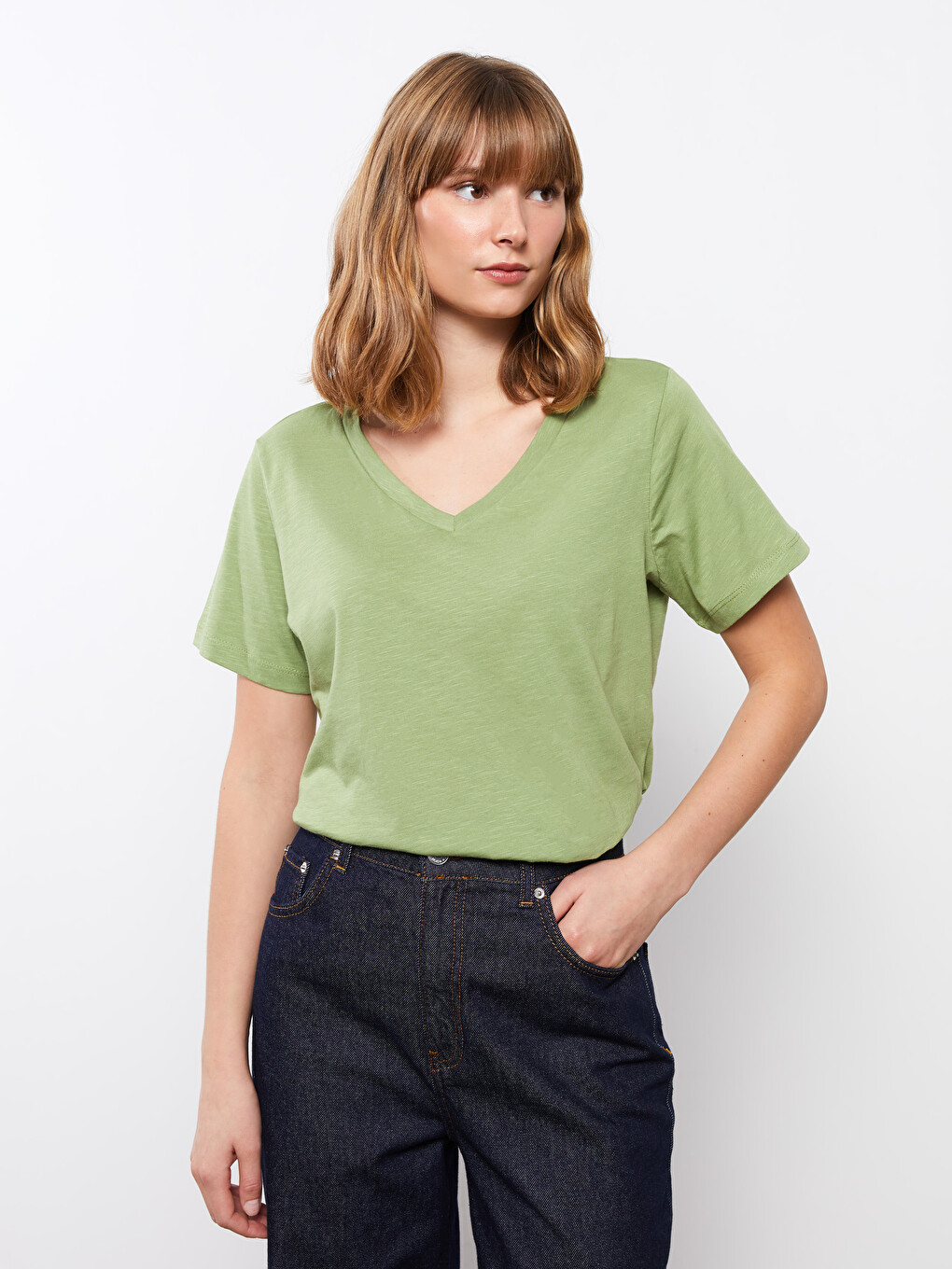 V-neck Plain Short Sleeve Women's T-shirt
