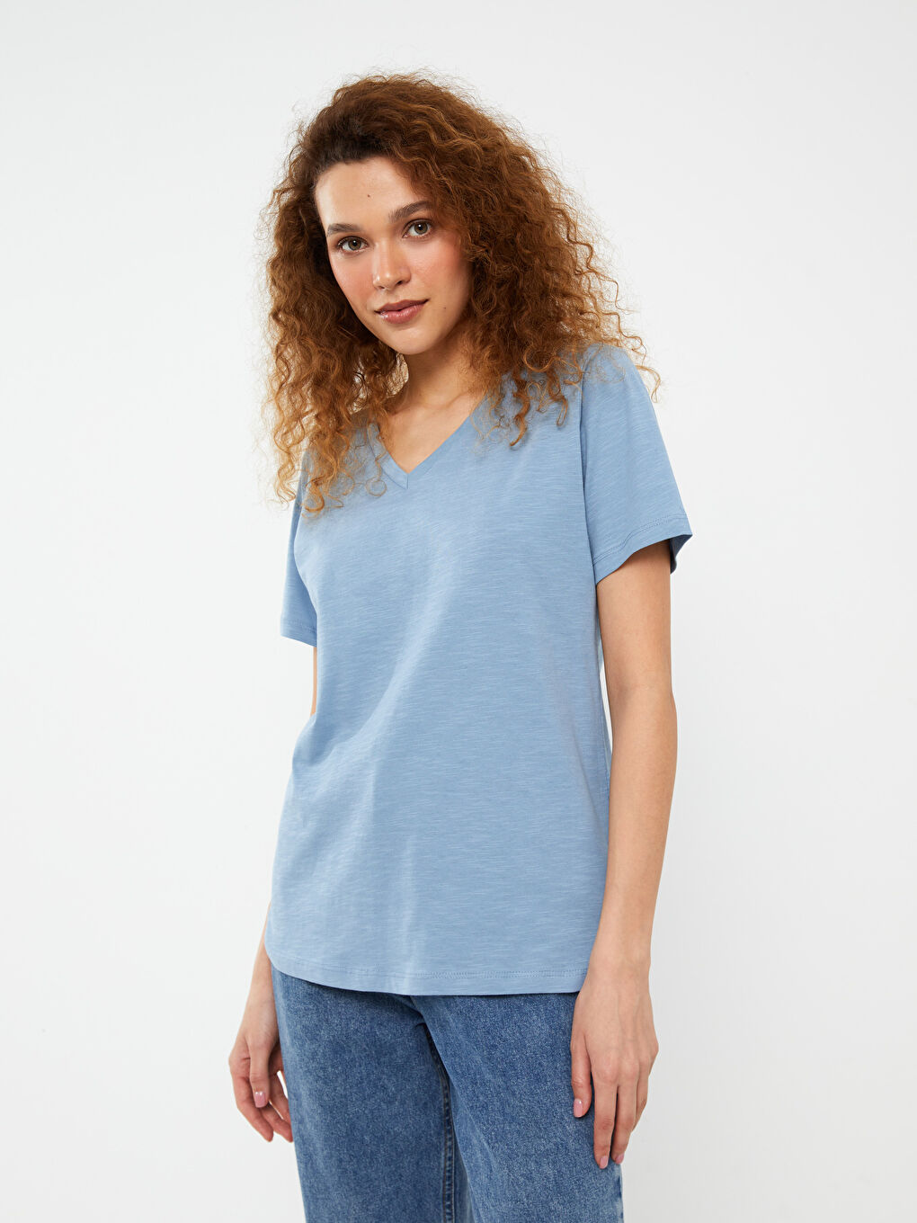 Mavi V Yaka Düz Kısa Kollu Kadın Tişört