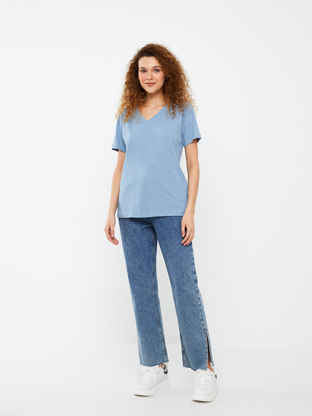 Mavi V Yaka Düz Kısa Kollu Kadın Tişört-2