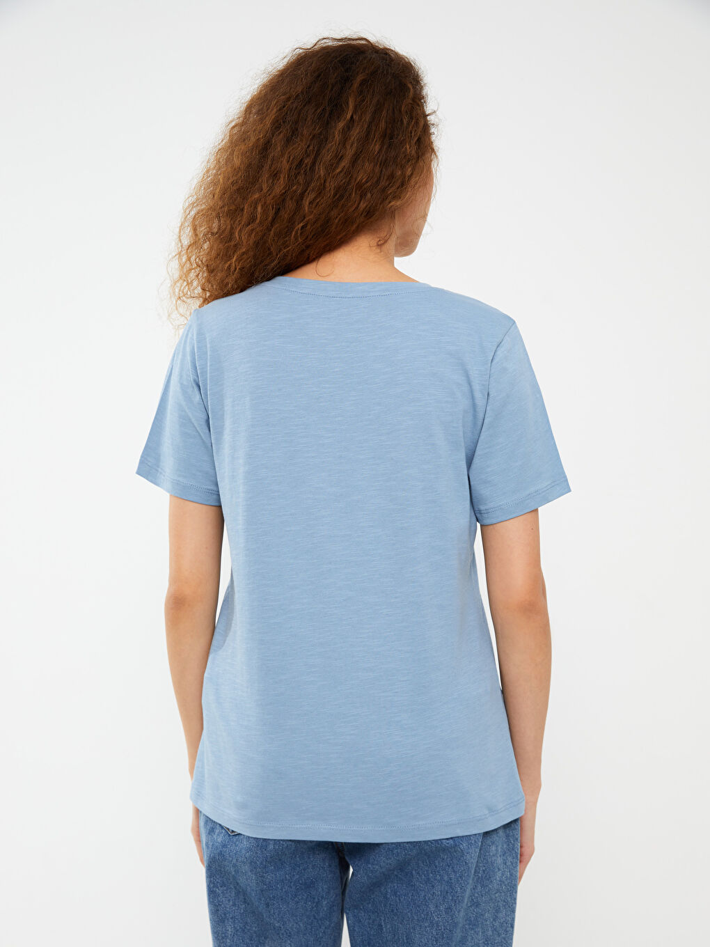 Mavi V Yaka Düz Kısa Kollu Kadın Tişört-4