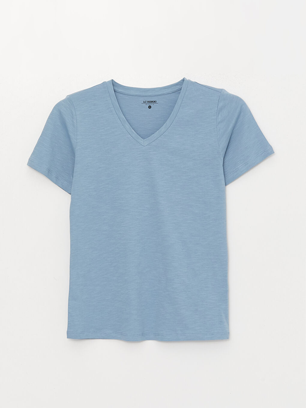 Mavi V Yaka Düz Kısa Kollu Kadın Tişört-5