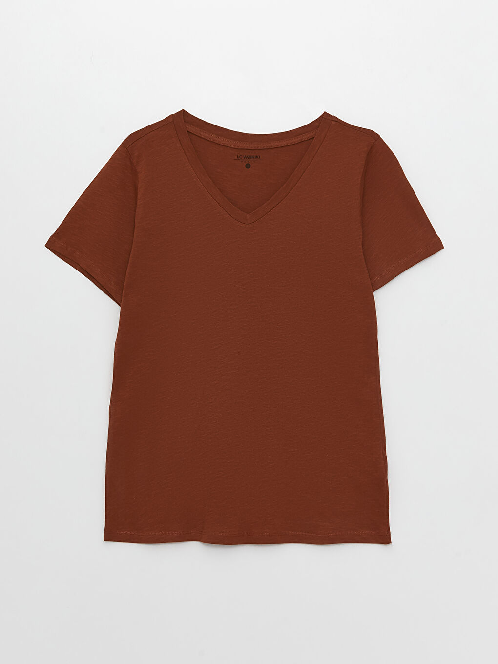 Kahverengi V Yaka Düz Kısa Kollu Kadın Tişört-5