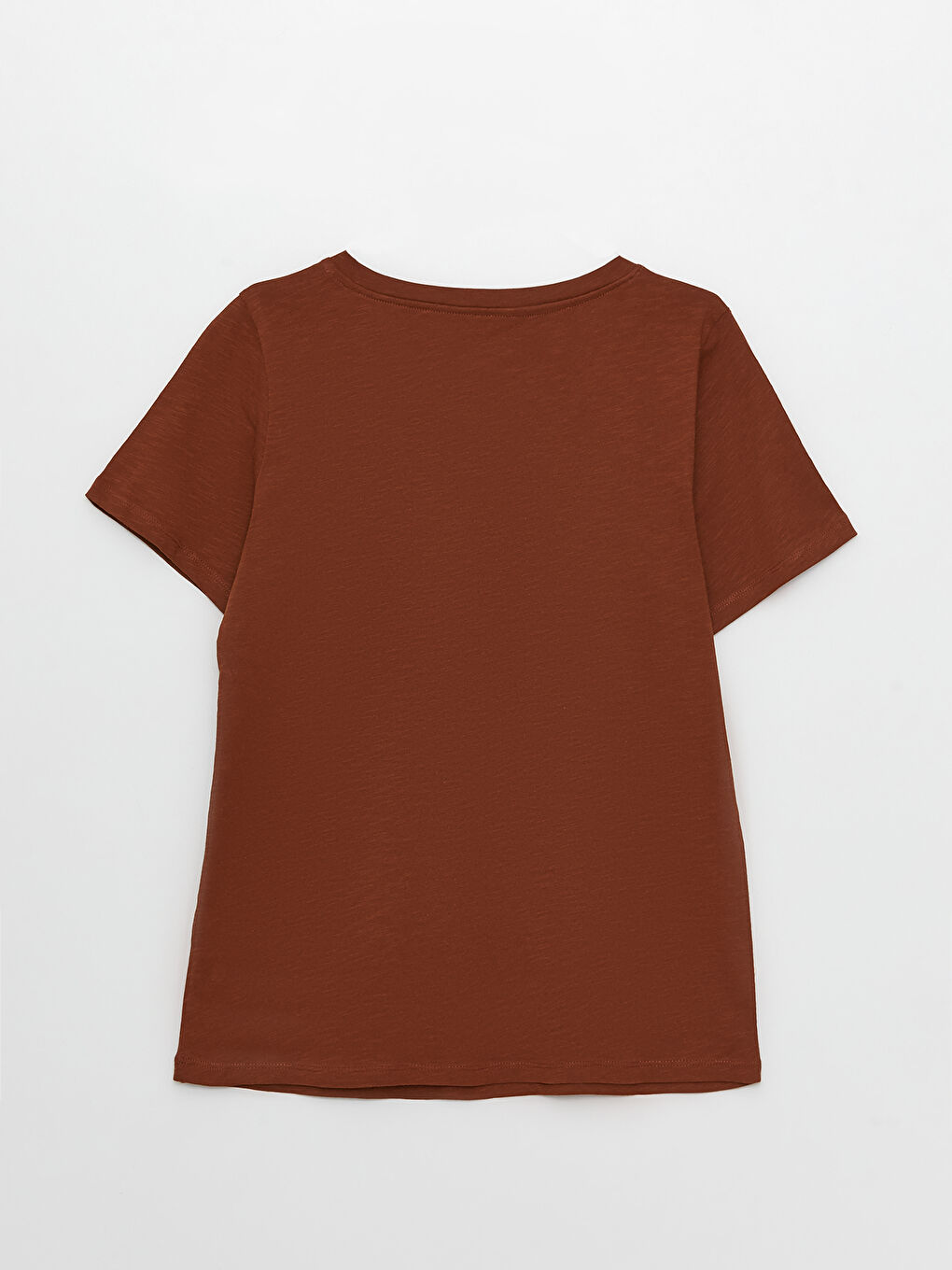 Kahverengi V Yaka Düz Kısa Kollu Kadın Tişört-6