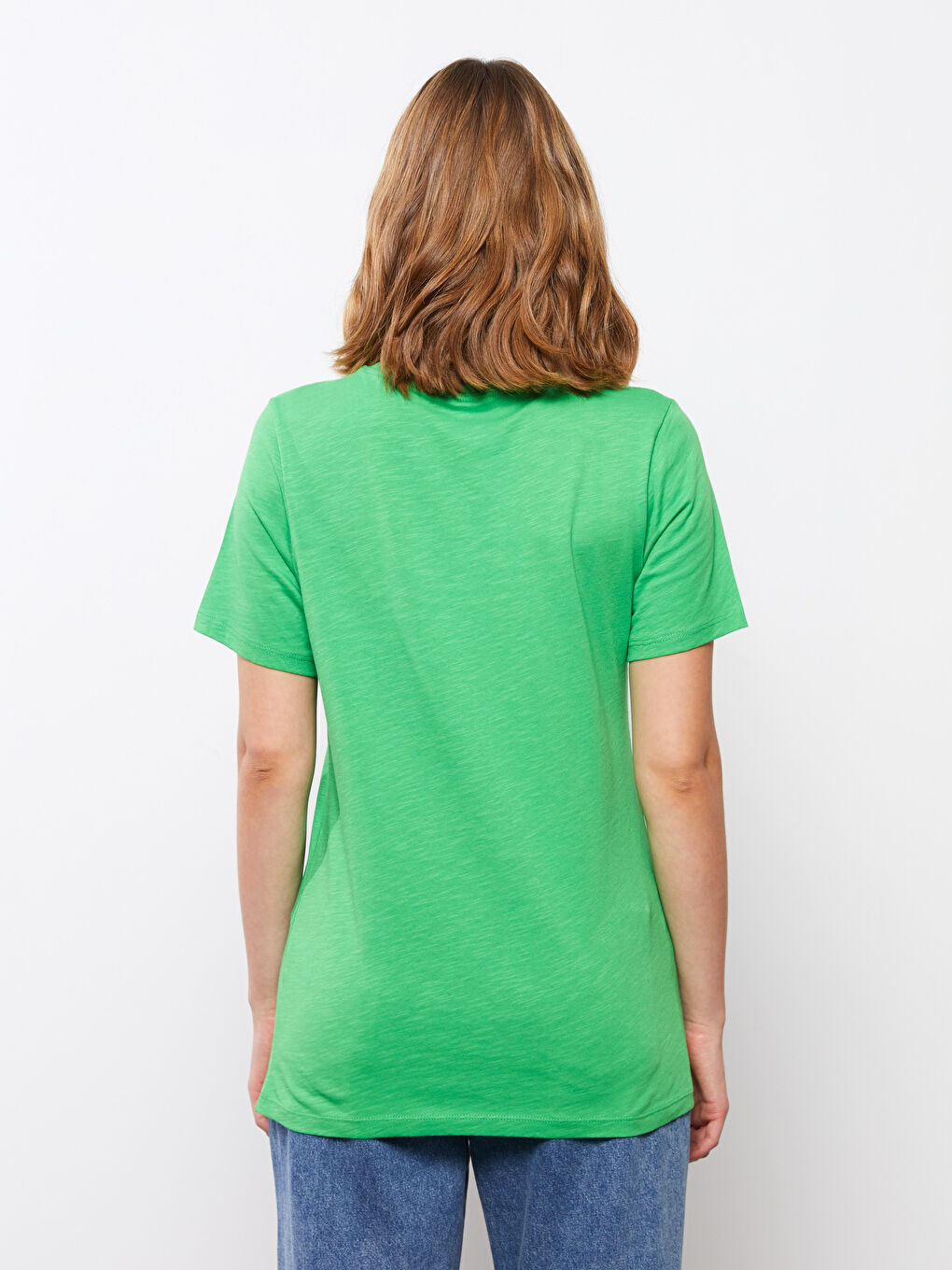 Yeşil Bisiklet Yaka Düz Kısa Kollu Kadın Tişört-3