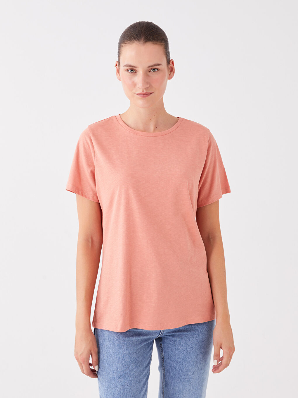 تي شيرت سادة بياقة دائرية بأكمام قصيرة للسيدات-1