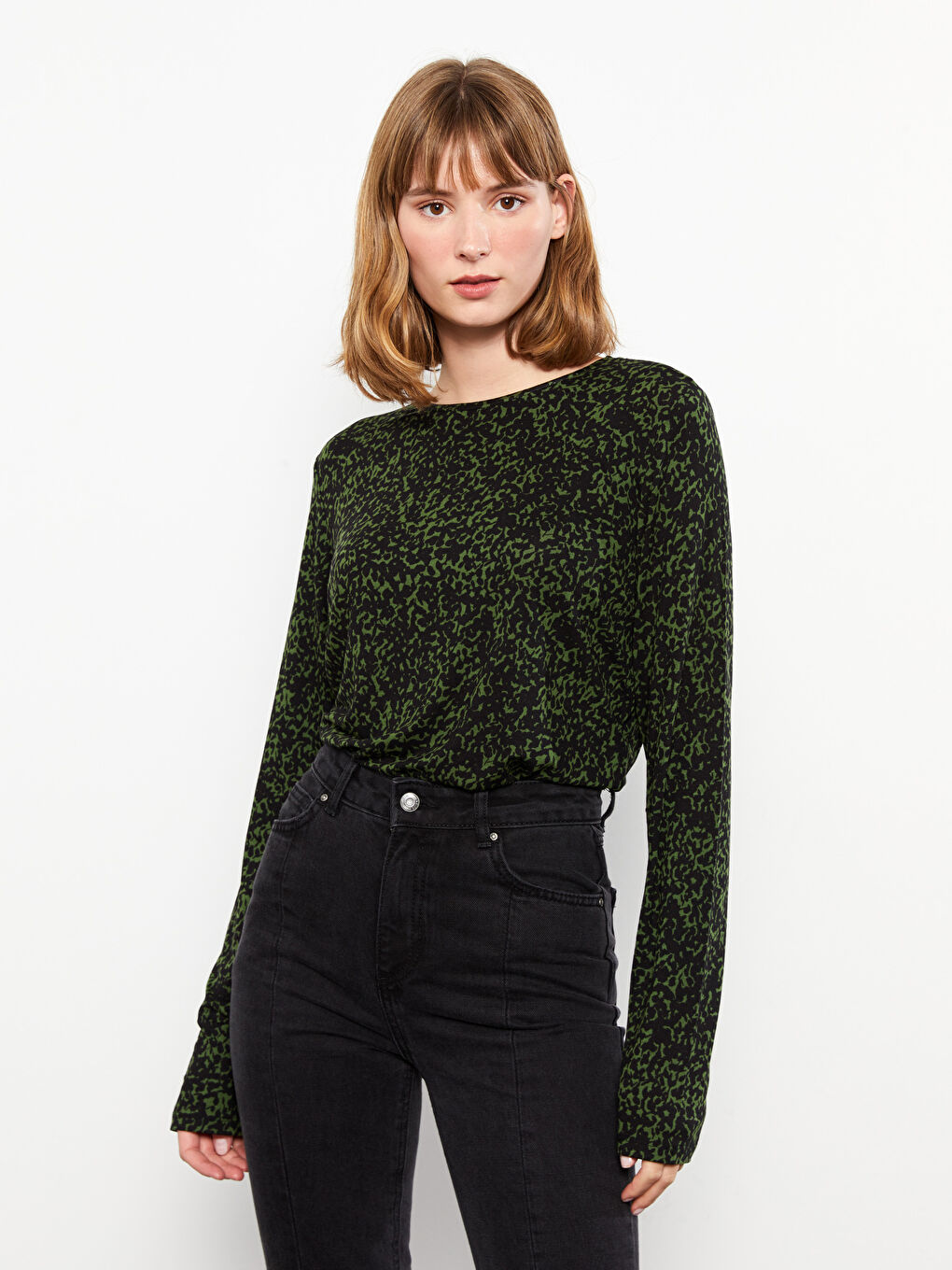 Crew Neck Patterned Long Sleeve Women's T-Shirt