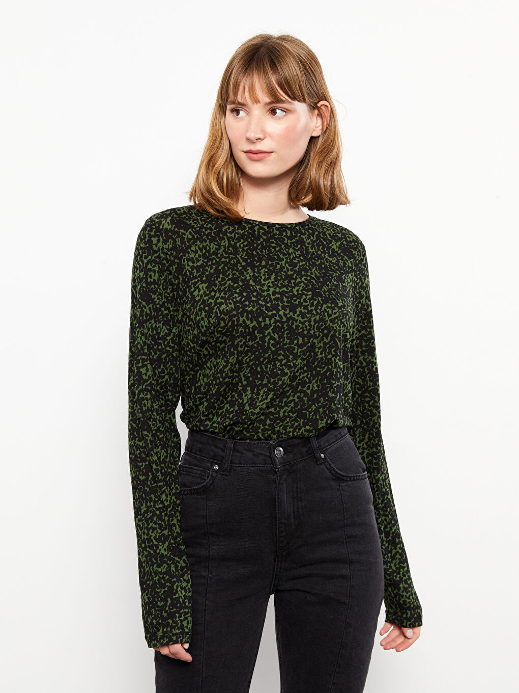 Crew Neck Patterned Long Sleeve Women's T-Shirt-1