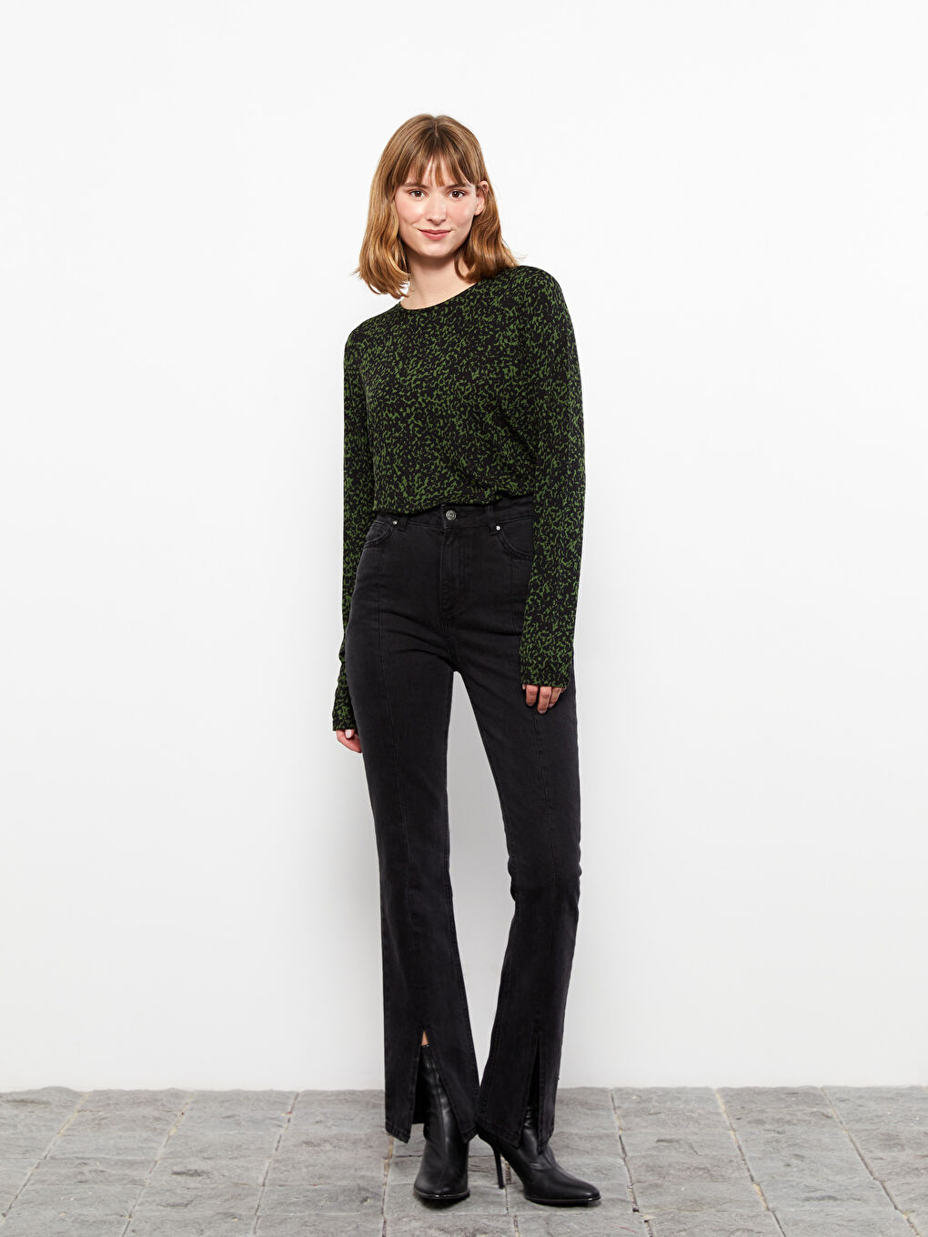 Crew Neck Patterned Long Sleeve Women's T-Shirt-2