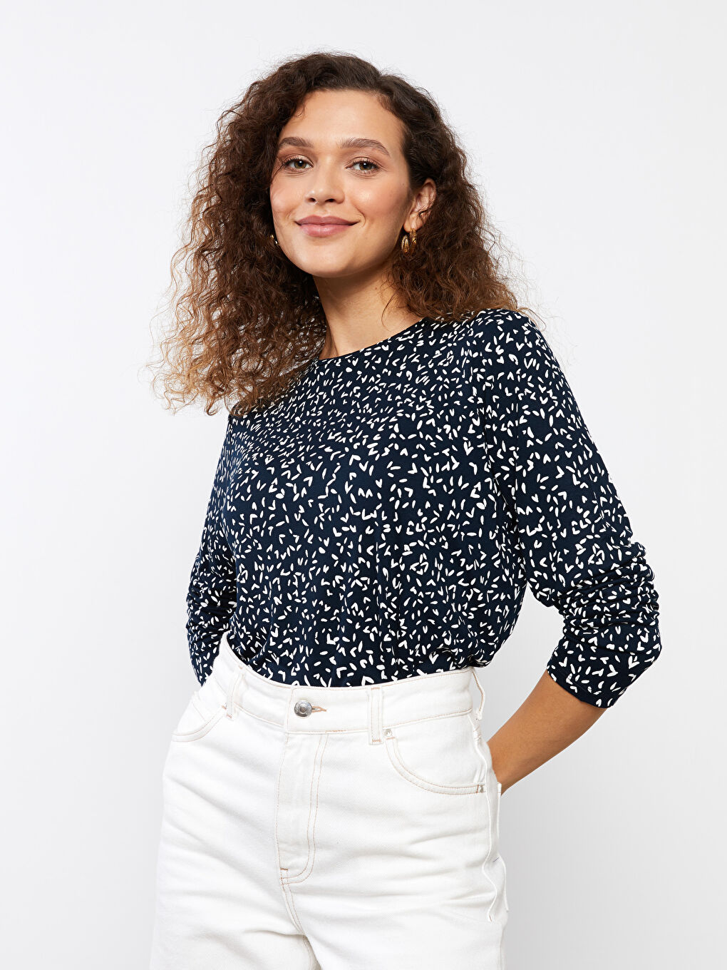 Lacivert Bisiklet Yaka Desenli Uzun Kollu Kadın Tişört