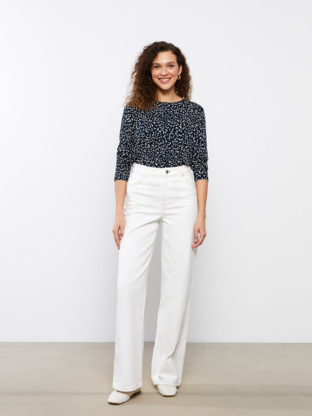 Lacivert Bisiklet Yaka Desenli Uzun Kollu Kadın Tişört-2