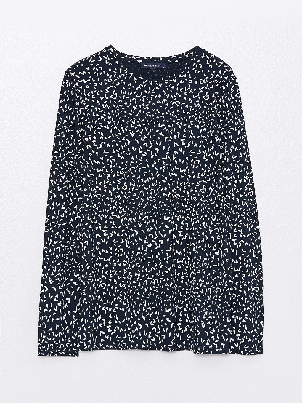 Lacivert Bisiklet Yaka Desenli Uzun Kollu Kadın Tişört-5