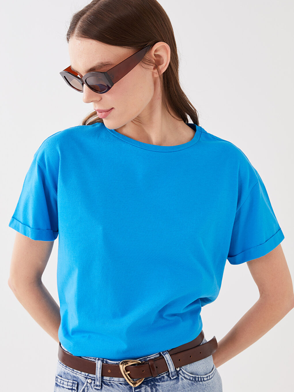 Mavi Bisiklet Yaka Düz Kısa Kollu Kadın Tişört