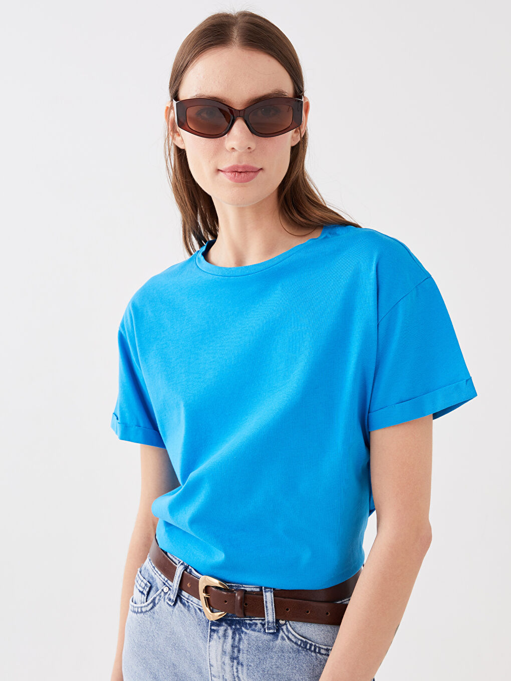 Mavi Bisiklet Yaka Düz Kısa Kollu Kadın Tişört-1