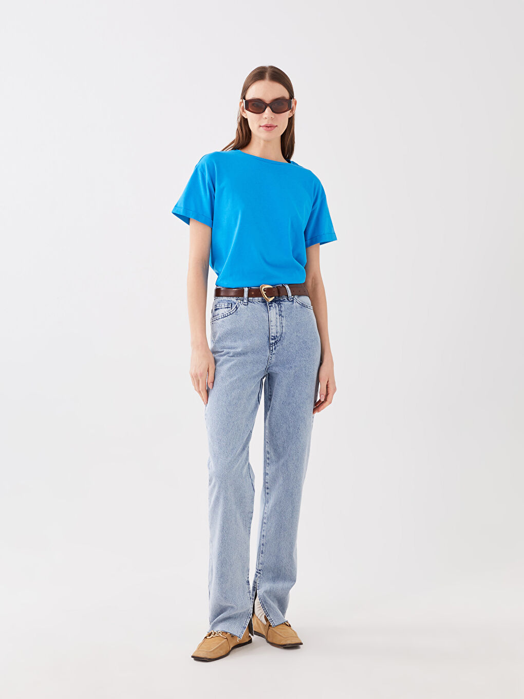 Mavi Bisiklet Yaka Düz Kısa Kollu Kadın Tişört-2