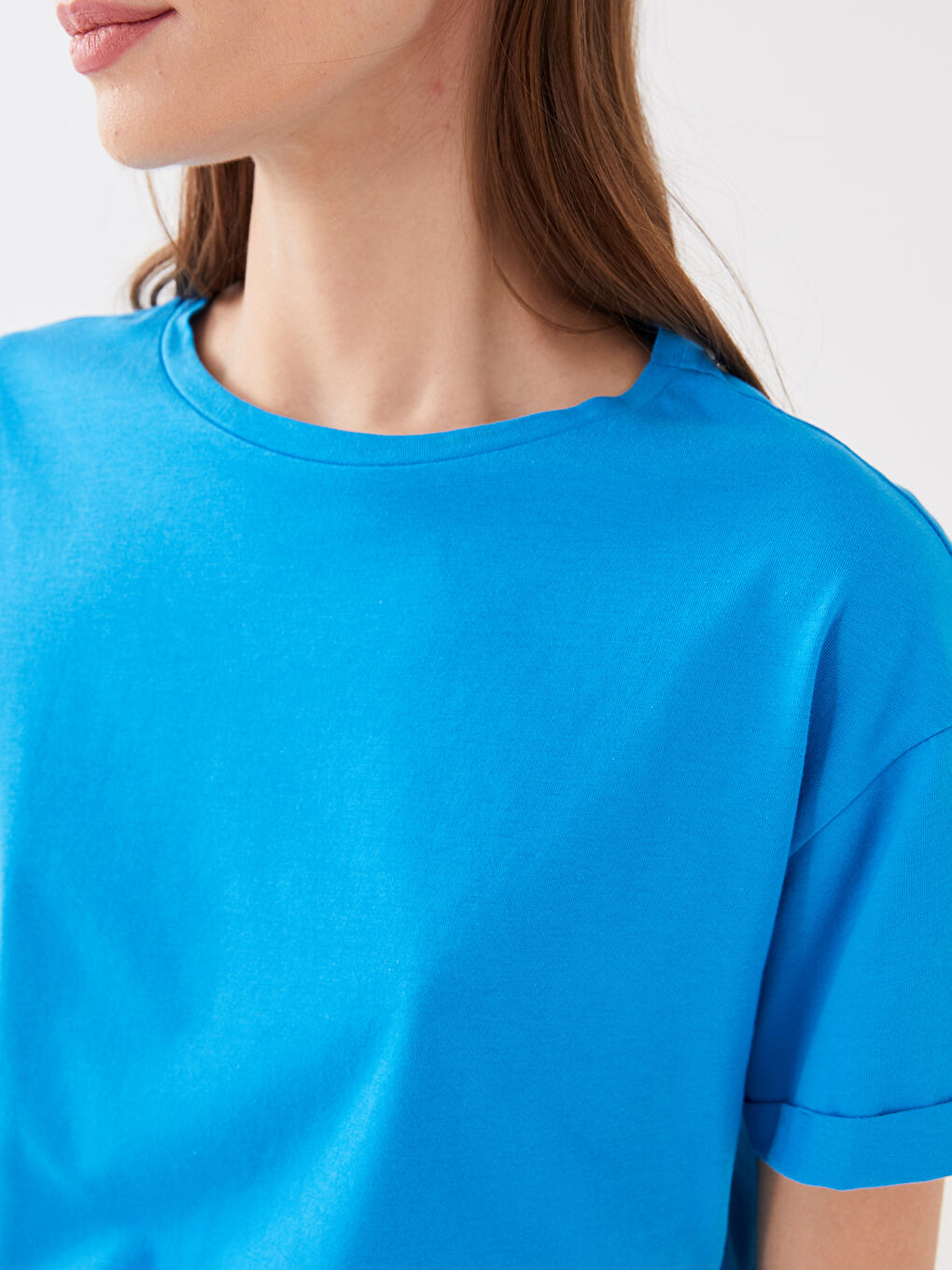 Mavi Bisiklet Yaka Düz Kısa Kollu Kadın Tişört-3