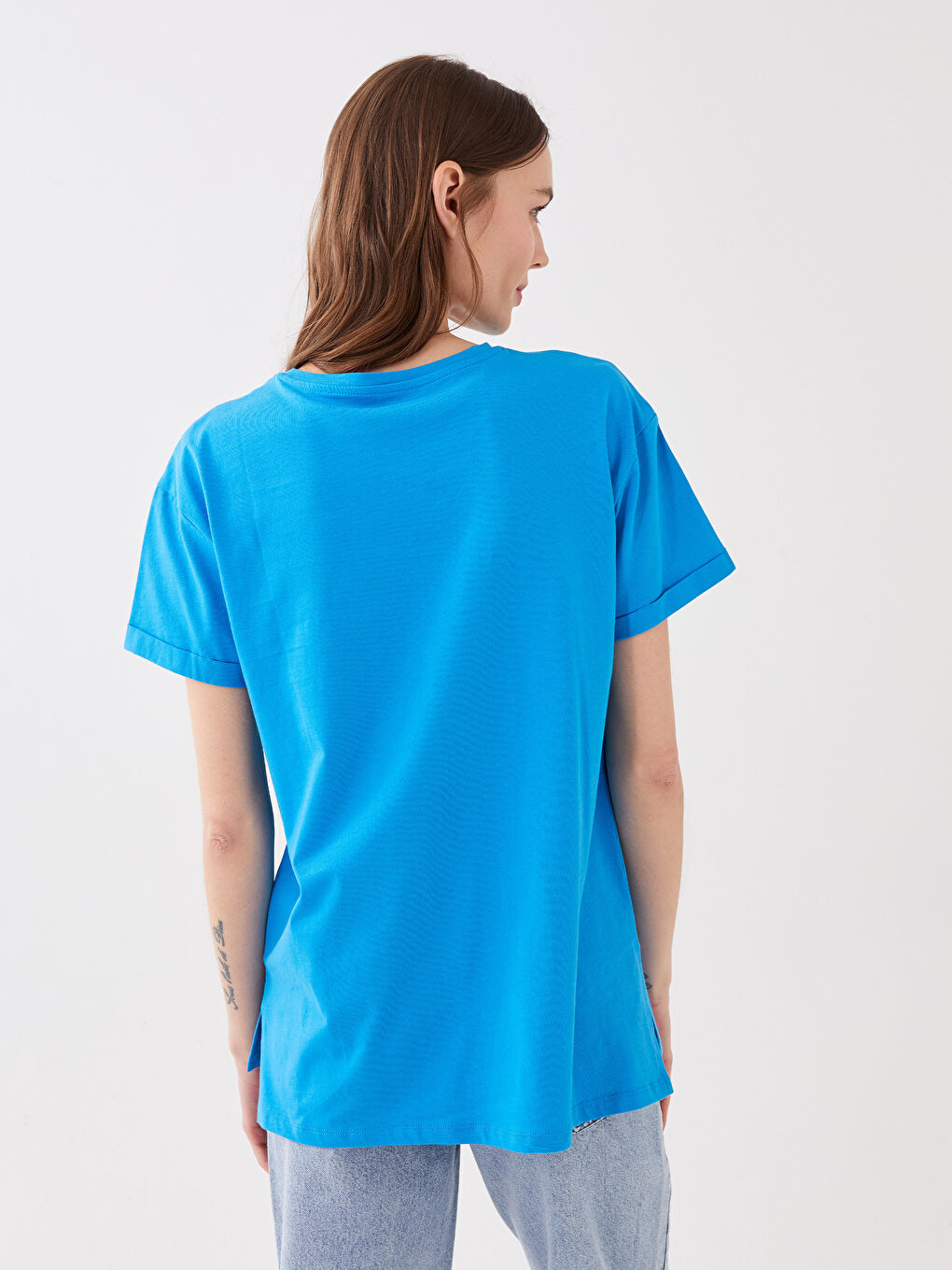 Mavi Bisiklet Yaka Düz Kısa Kollu Kadın Tişört-4