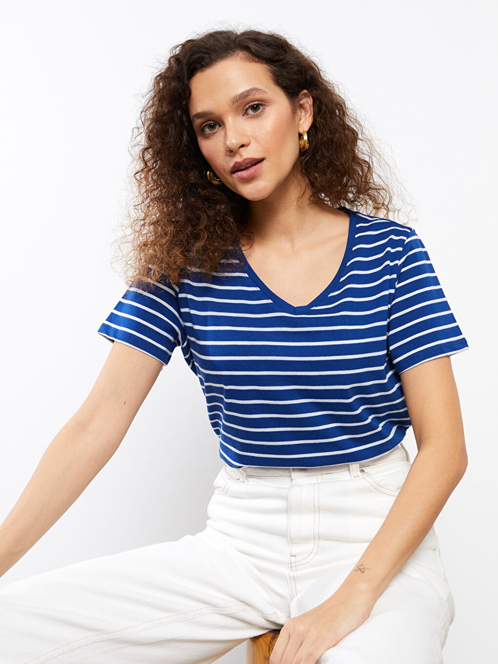 LCWAIKIKI Basic V-Neck Striped Short Sleeve Women's T-Shirt -S33840Z8-LGS