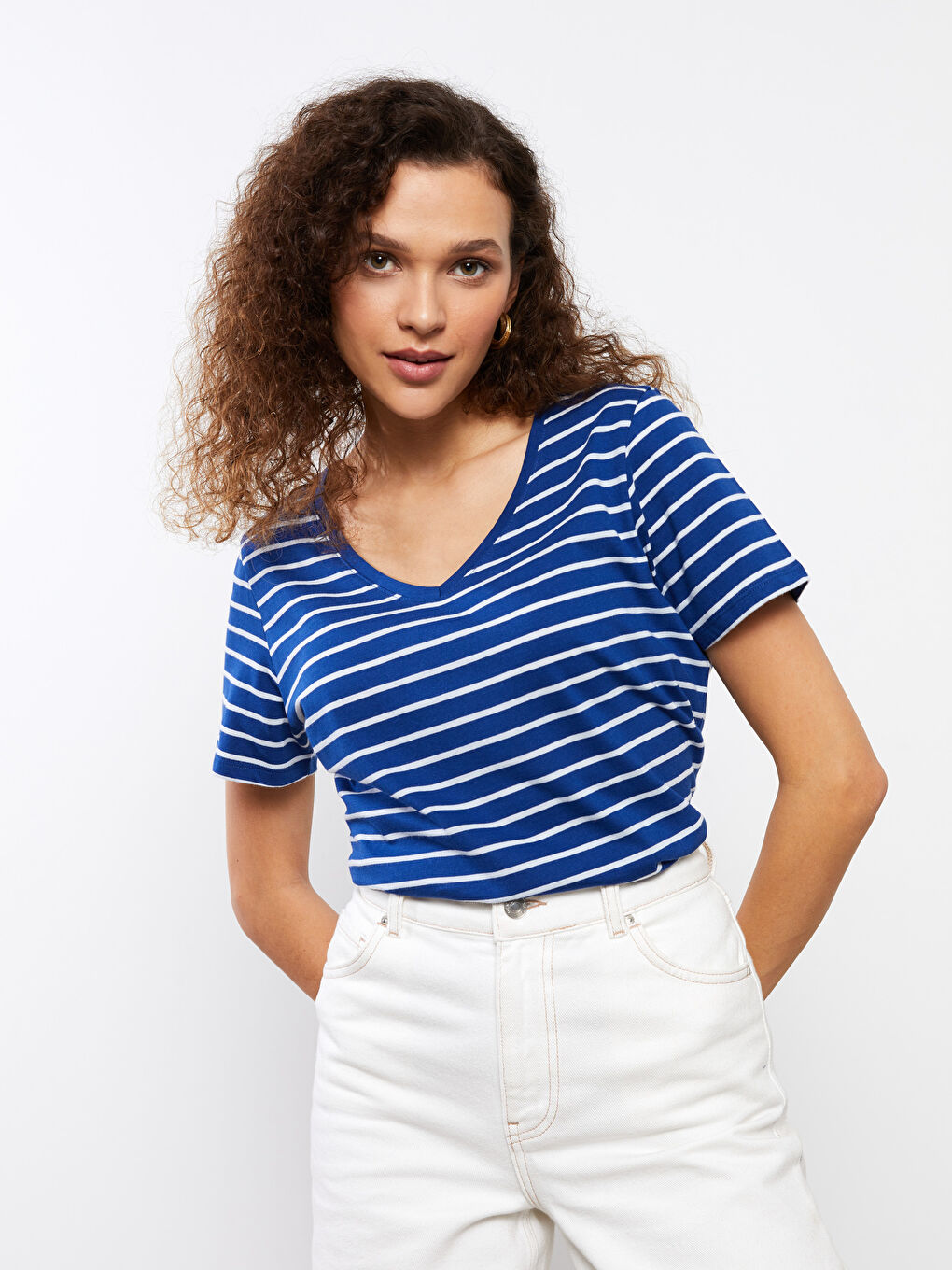 LCWAIKIKI Basic V-Neck Striped Short Sleeve Women's T-Shirt -S33840Z8-LGS
