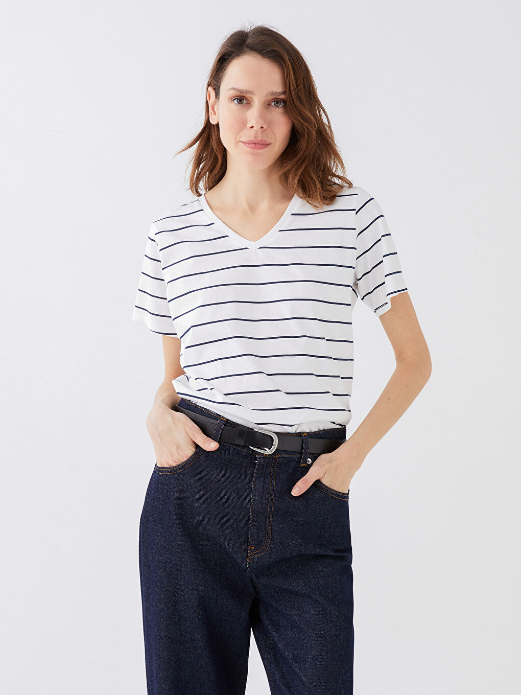 V-Neck Striped Short Sleeve Women's T-Shirt -S33841Z8-LSJ