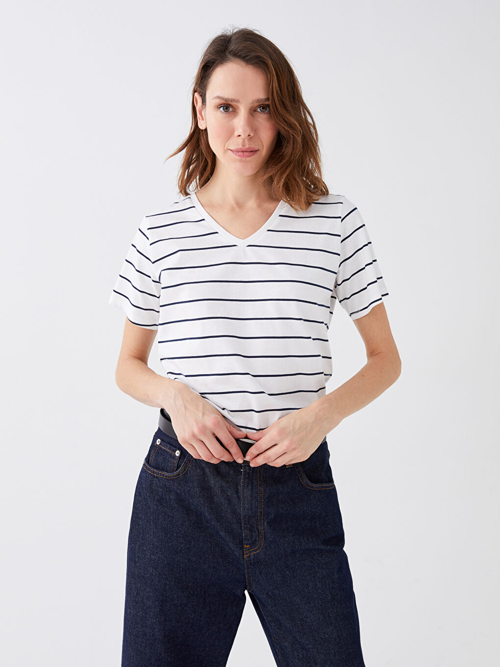 V-Neck Striped Short Sleeve Women's T-Shirt -S33841Z8-LSJ