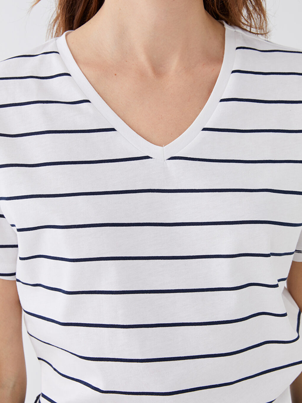 V-Neck Striped Short Sleeve Women's T-Shirt -S33841Z8-LSJ