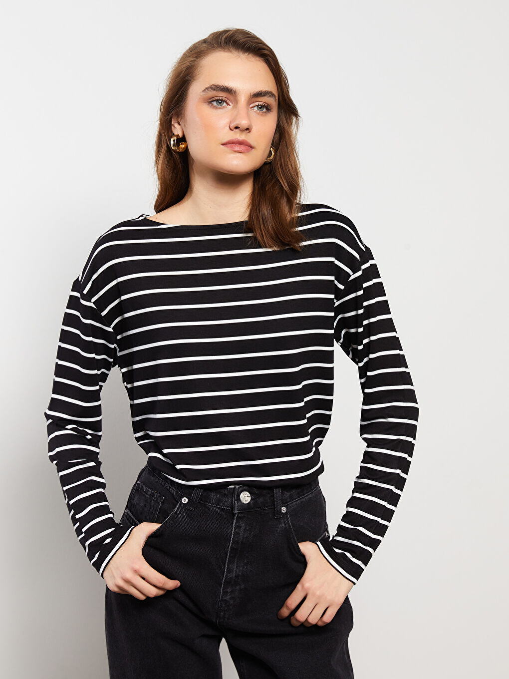 Crew Neck Striped Long Sleeve Women's T-Shirt-1