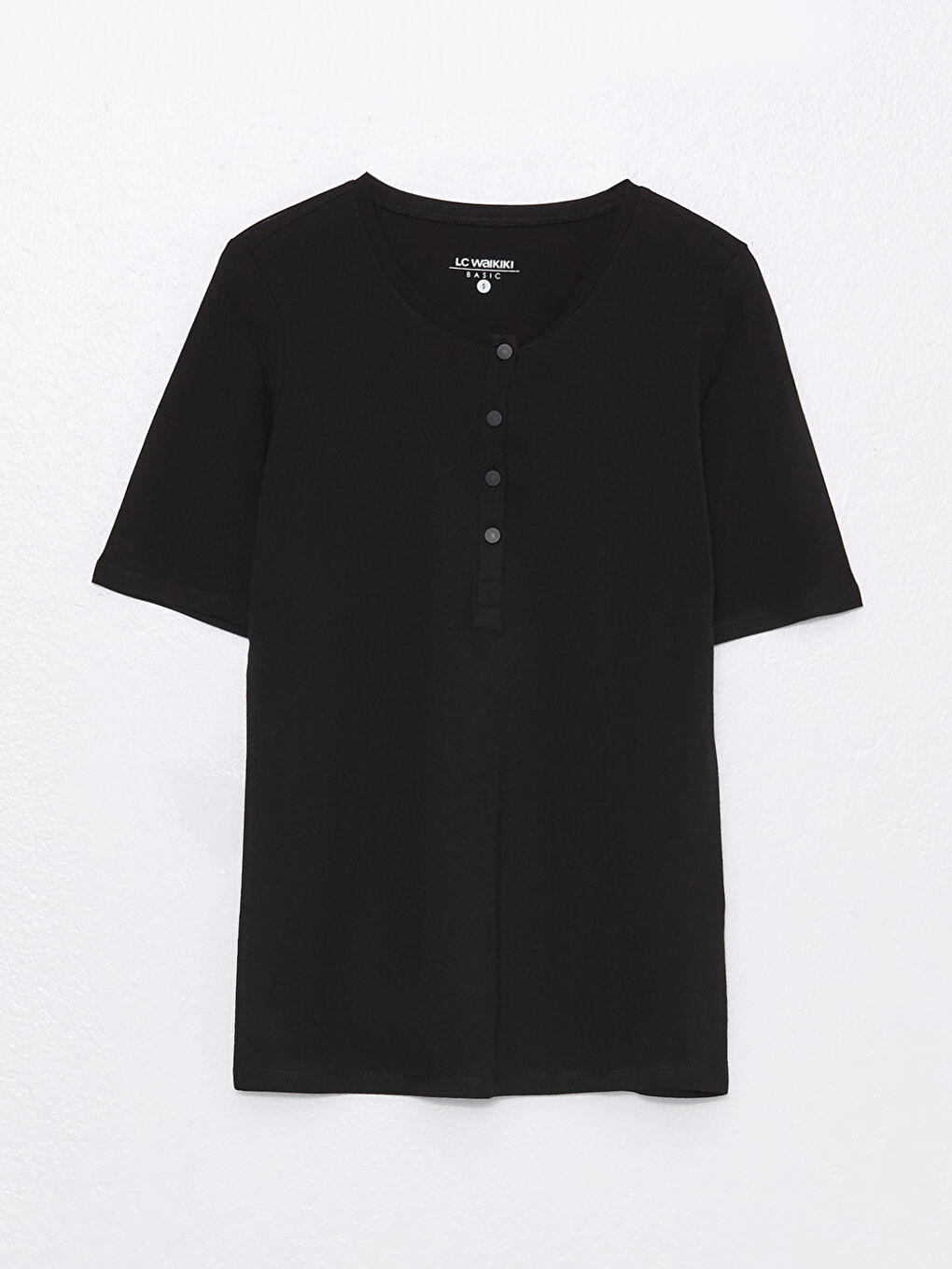 Siyah Bisiklet Yaka Düz Kısa Kollu Kadın Tişört-5